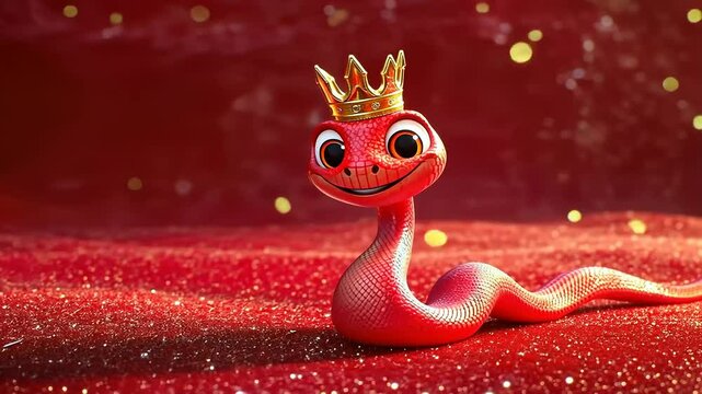 cheerful cartoon snake king with golden crown on red glitter background