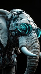 Surreal Fusion of Nature and Technology Featuring a Mechanical Elephant with Futuristic Gear and Luminescent Eyes Against a Dark Background