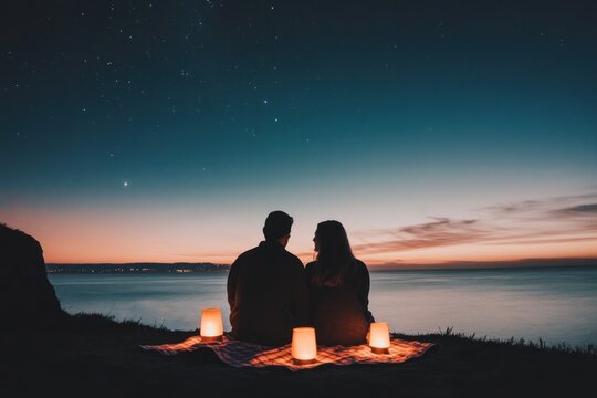 Couple Silhouetted Against Starry Night Sky Ocean View