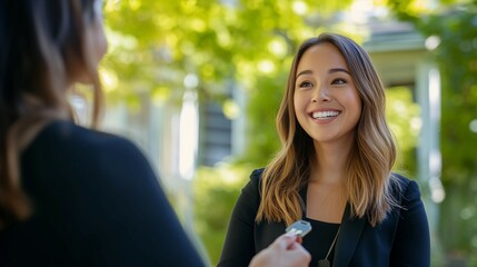 Woman,real estate agent,stands in front of house,holds key to new home,house trading,copy space.