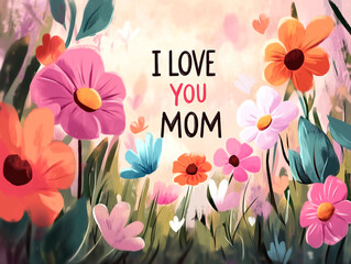 greeting card for a mother with text I love you Mom surrounded by hand painted flowers