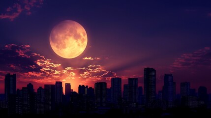 Fototapeta premium Silhouetted cityscape with a majestic full moon in the background creating a dramatic and serene atmosphere over the quiet urban landscape