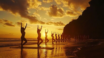 Silhouetted Yoga Practitioners Facing the Ocean at Golden Hour Sunset  A peaceful group activity in a tranquil beach setting with warm dramatic lighting