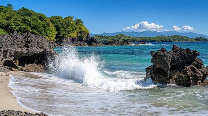 Tropical Ocean Waves Crashing Against Volcanic Rocks