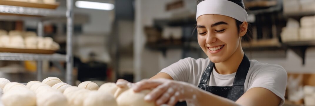 A joyful baker actively shaping dough in a warm bakery, conveying the love for culinary arts and the rewarding experience of crafting baked goods from scratch.