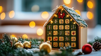 Wooden Advent Calendar House With Christmas Decorations