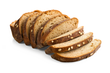 Sliced loaf of whole grain bread with a golden crust and oat toppings, displayed on a transparent background