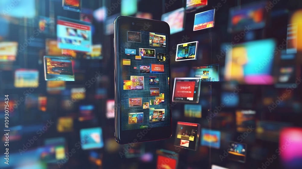 Poster smartphone surrounded by a futuristic array of holographic advertisements floating in a vibrant 3d d