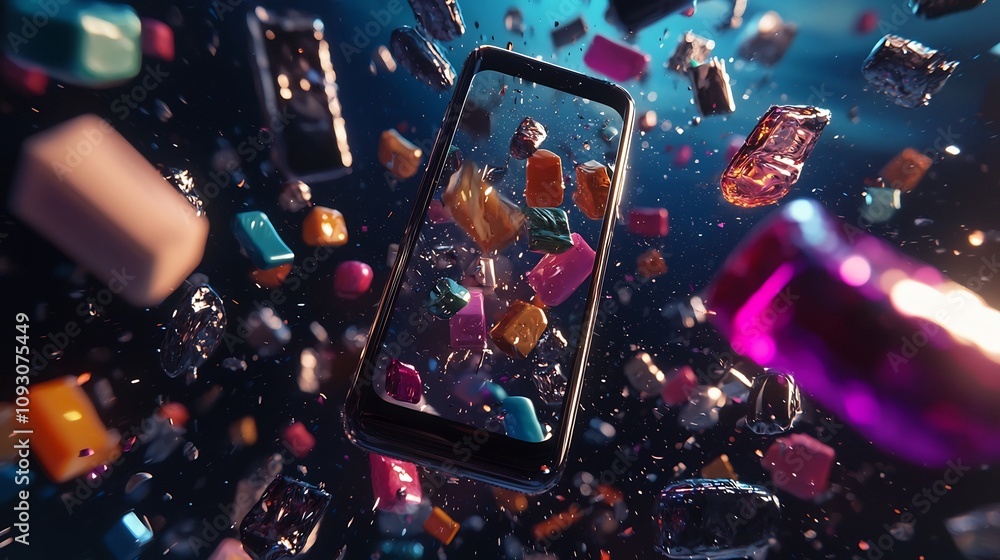 Poster smartphone surrounded by holographic advertisements floating in a dynamic and innovative 3d space sh