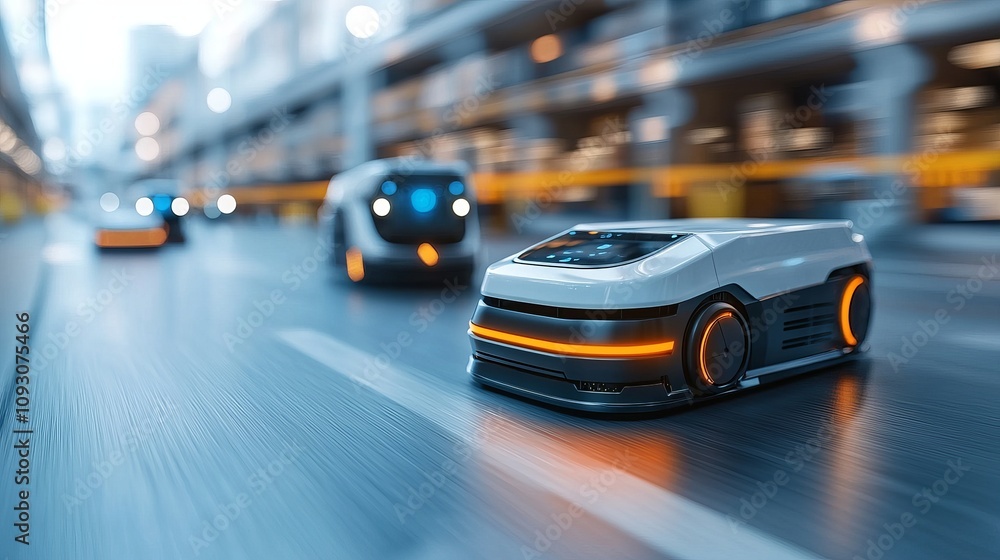 Aufkleber delivery robots in action at an urban warehouse futuristic scene city environment dynamic viewpoint 