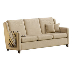 A tan couch with a blanket draped over it