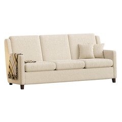 A white couch with a blanket draped over it