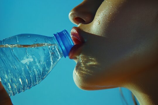 Woman drinking bottled water in golden sunlight