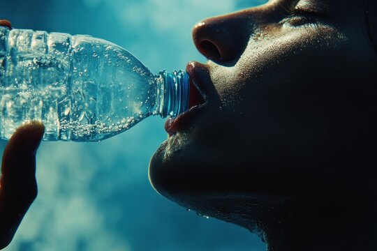 Silhouette of person drinking water from bottle