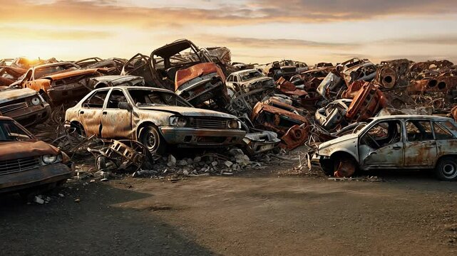 Car Dump With a Lot of Broken Used Cars. Stack of Scrapped and Wrecked Cars in a Junkyard. Recycling and Salvage Concept.
