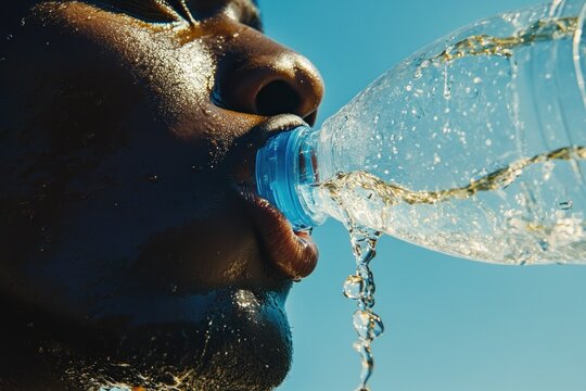 Person drinking water from a bottle on sunny day