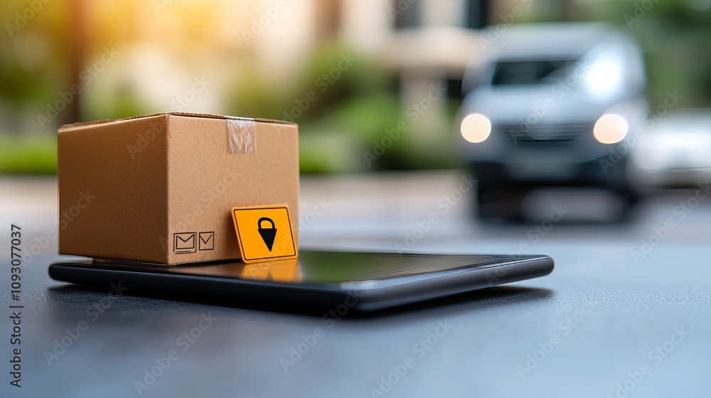 Aufkleber delivery service action urban setting digital innovation mobile technology closeup perspective e-com