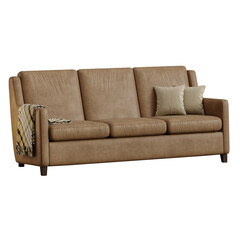 Fototapeta premium A brown leather couch with a blanket draped over it