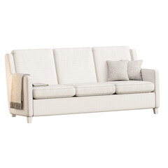 A white couch with a blanket draped over it