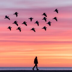 Silhouette of person walking on beach at sunrise, flock of birds flying above.