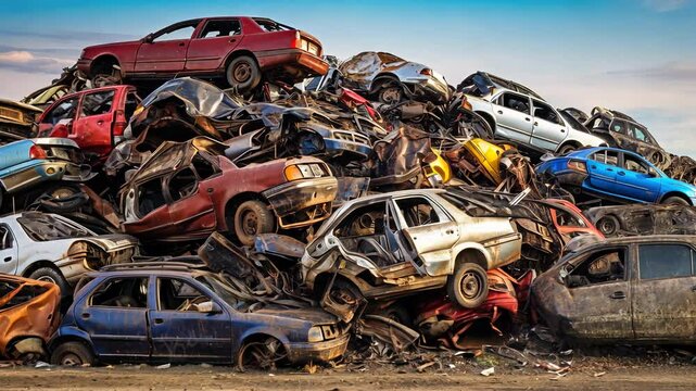 Car Dump With a Lot of Broken Used Cars. Stack of Scrapped and Wrecked Cars in a Junkyard. Recycling and Salvage Concept.
