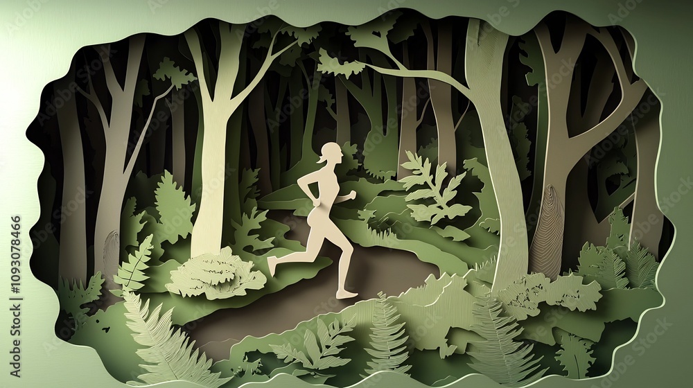 Poster stylized papercut silhouette of a runner on a winding forest trail with layered green and brown text