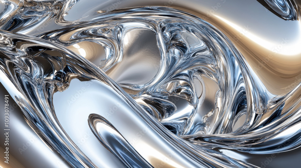 Poster abstract metallic surface with liquid reflections and dynamic shapes in a futuristic composition