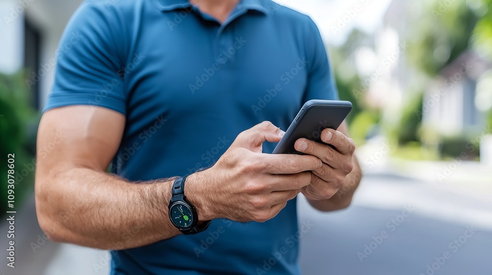 Poster delivery app usage urban setting smartphone interaction outdoor environment close-up view technology