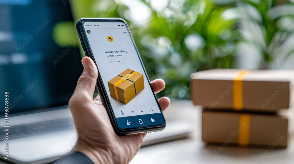 Poster delivery app action featuring smart contract interface modern workspace mobile technology indoor env