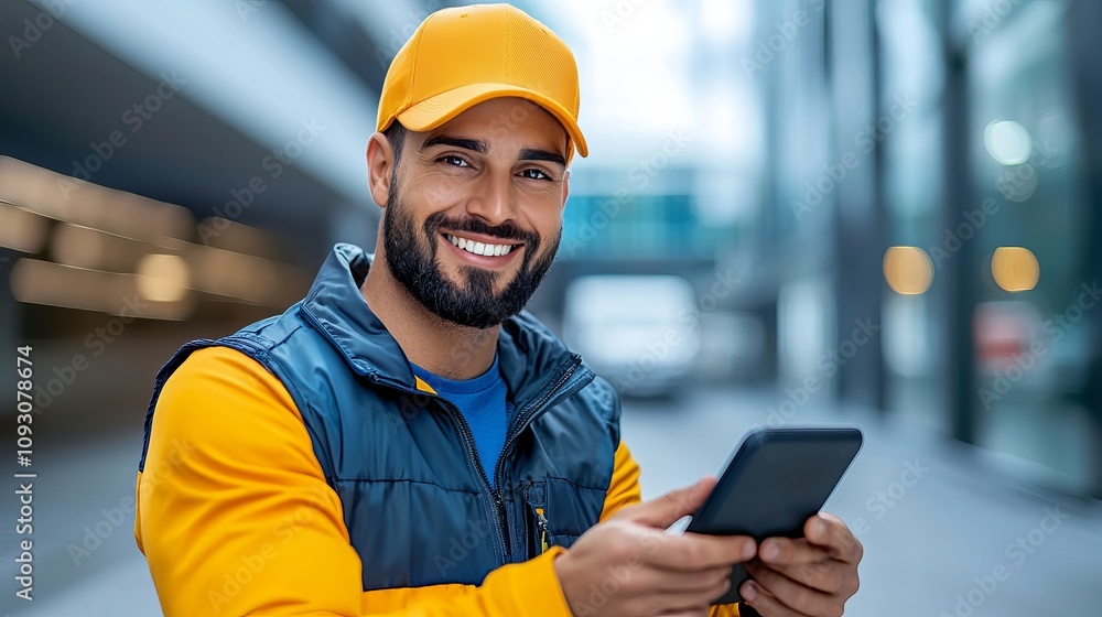 Poster delivery person using smartphone to access delivery app urban environment digital interaction close-