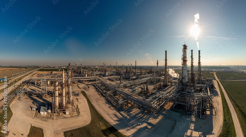Poster sweeping aerial view of a sprawling oil refinery complex with intricate networks of pipelines distil