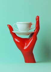 A red hand holds a porcelain coffee set against.