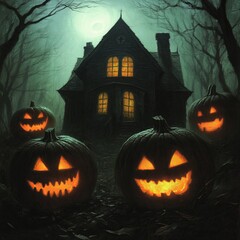 Spooky Halloween scene with jack-o'-lanterns and haunted house.