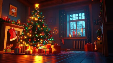 Obraz premium Christmas scene with presents under the tree, glowing lights, and festive decor filling the room with warmth
