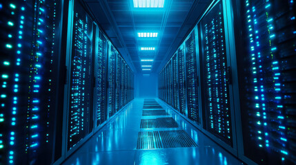A glimpse inside a modern data center featuring rows of servers illuminated by blue LED lights at night