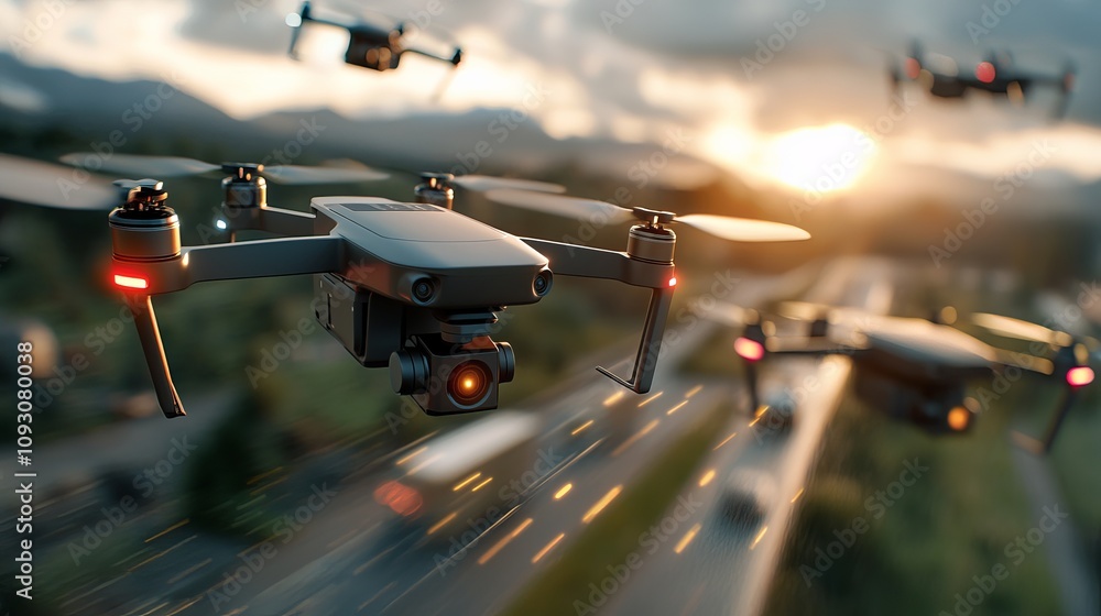 Aufkleber drones delivering parcels using blockchain network in urban environment aerial view futuristic conce