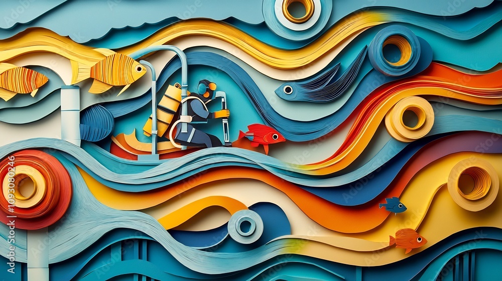 Poster vibrant and abstract paper cut style depicting an industrial diver working on a pipeline surrounded 