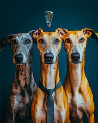 Three greyhounds pose against a dark blue background, creating a surreal and artistic scene.