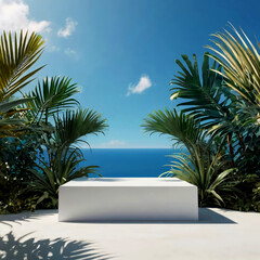 Modern White and Blue Podium with Tropical Palm Leaves for Product Display
