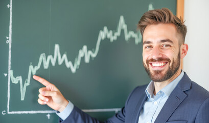 The businessman points his finger at the graph on the wall