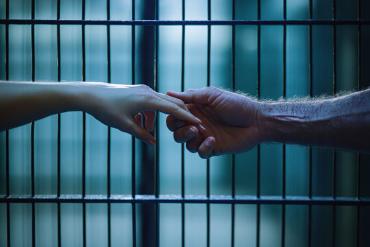 Emotional moment between wife and incarcerated husband touching hands through glass partition in prison visiting area.