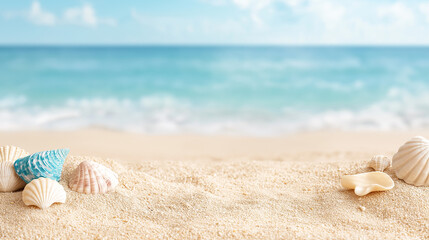 Obraz premium Seashells on Sandy Beach: A tranquil scene of seashells on a sandy beach with a soft, blurred backdrop of the ocean and sky, perfect for creating a sense of relaxation and summer vibes. 