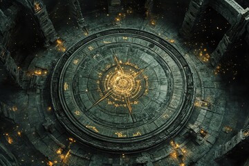 Ancient Observatory: Celestial Secrets - Top-down view of an ancient observatory,  symbolizing astronomy, history, mystery, knowledge, and time.
