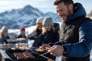 An engaging outdoor barbecue scene in a snow-covered area, where laughter and camaraderie bring warmth and joy against a stunning mountain backdrop.