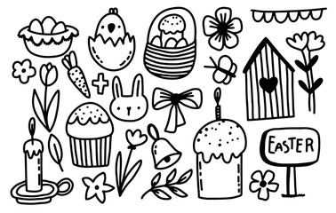 Vector Easter set. Spring Easter elements. Doodle illustration