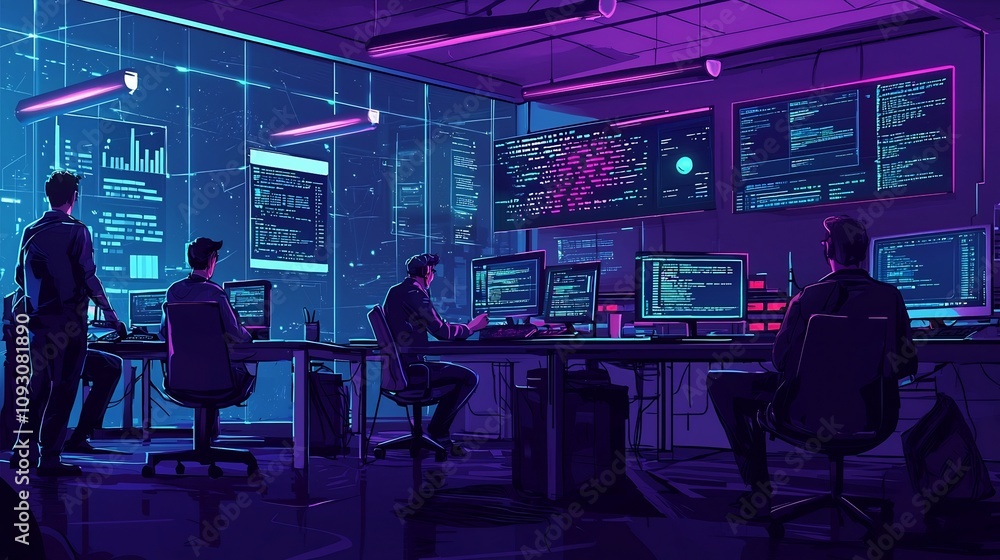 Poster vibrant and futuristic fintech office scene with developers working on cutting edge blockchain techn