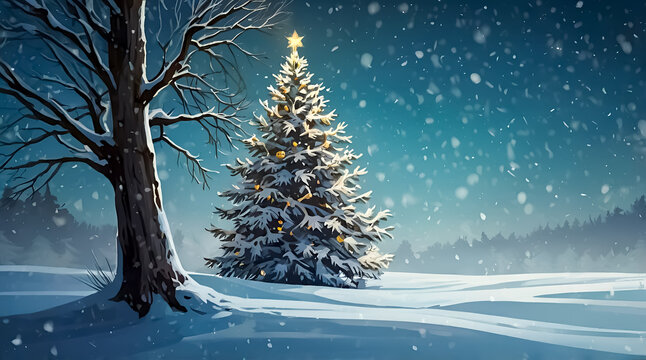 Christmas Tree in a Snowy Winter Night - Star-Lit Tree with Snowfall and Frosty Landscape Creating a Magical Holiday Sven