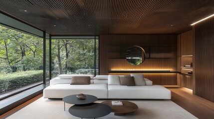 Stylish interior with a white couch facing a modern fireplace, accented by a sleek mirror and minimalist decor, creating a serene ambiance.