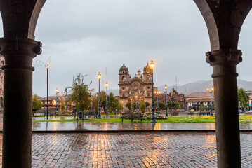 View of the main square without people in Cusco, Peru