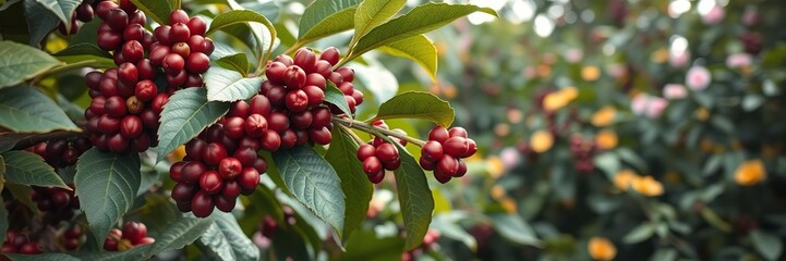 Coffee plant with red cherry coffee beans on the branch surrounded by lush greenery and flowers, coffee, fruit